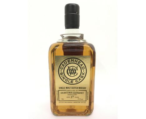 A bottle of Cadenhead single malt Scotch whisky, aged for 37 years. The bottle distilled at the Dufftown-Glenlivet distillery