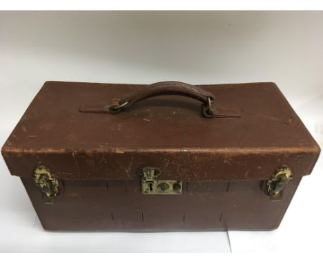 An old leather equipment trunk with fitted interior, approx 21x46cm