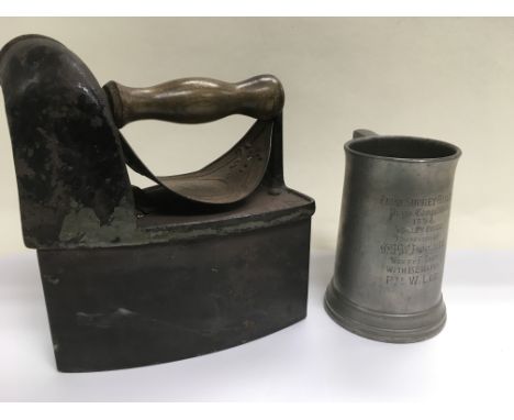 A small collection of silver plated items, an old flat iron and a pewter tankard awarded in 1894 in a First Surrey Rifles com