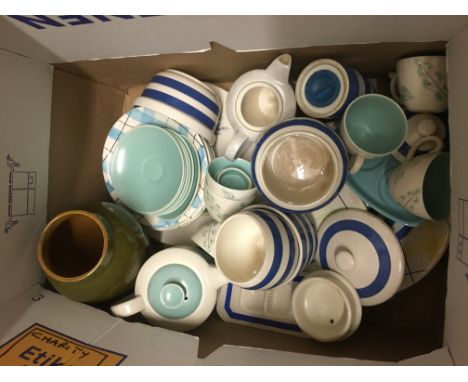 A collection of stufio pottery tableware including Poole, blue and white banded china etc.