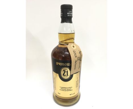 A bottle of Springbank whisky, aged for 21 years. This limited edition 2015 release Campbeltown single malt scotch whisky is 