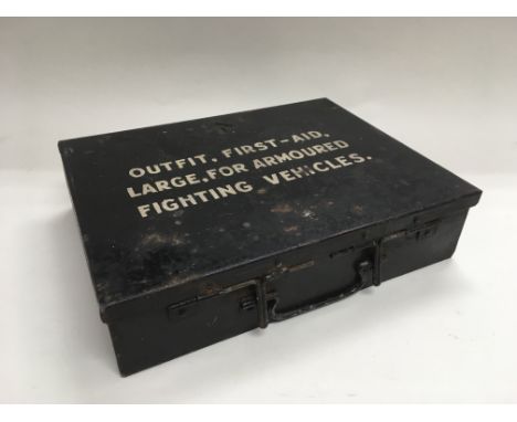 A mid 20th Century military First Aid tin for armoured fighting vehicles, specifically for an Austin Champ (no contents).