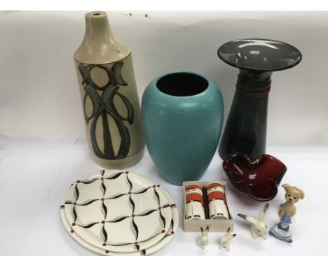 A studio art pottery vase and one other, art glass vase, a Carltonware cruet set and other items.
