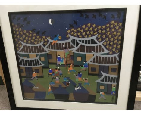 A framed Chinese picture children playing at night 60 by 50 cm