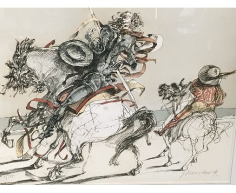 A Framed Limitted Edtion Lithograph Print by Claude Weisbuch (French 1927-2014) signed in pencil dipicting figures on horses 
