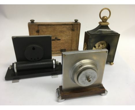 An Angelus gilt mounted desk clock, an Art Deco example, plus a silver plated desk calendar and thermometer of similar type