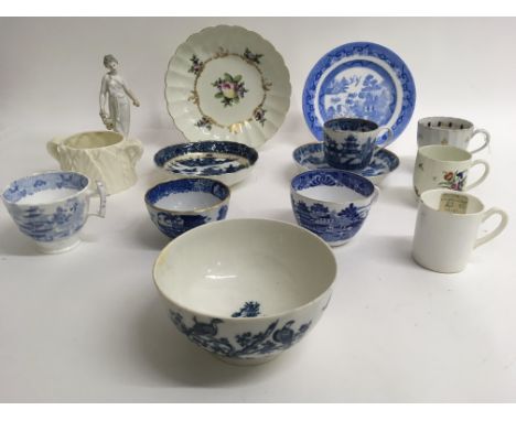 An 18th century Caughley blue and white bowl printed with birds plus other 18th/19th century ceramics including a Newhall cup