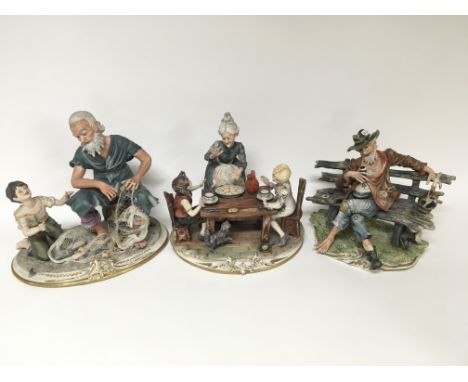 Three capidimonte figure groups, including a fisherman with a young boy, a dining scene and a drunk man on a bench, a/f.