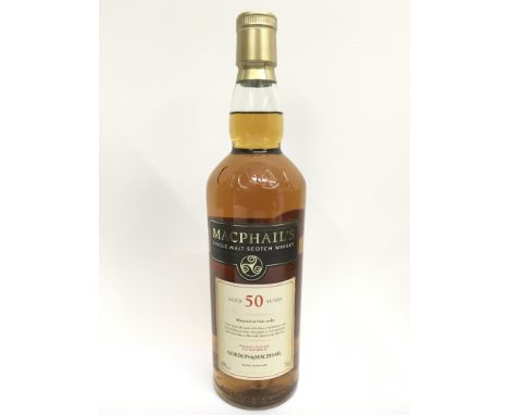 A rare bottle of Gordon and Macphail single malt Scotch whisky, aged for 50 years, matured in oak casks. The 70cl bottle is 4