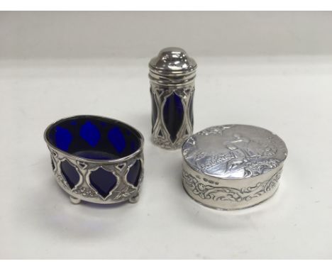 A silver trinket box and a two piece silver part cruet set (3).