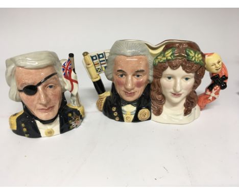 Two Royal Doulton caricature jugs dipicting Lord Nelson and Lady Hamilton and one other of  Nelson. (2)