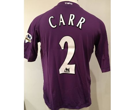 Tottenham 2003 - 2004 Match Worn Football Shirt: Purple third short sleeve shirt with Premier League badging to sleeves and n