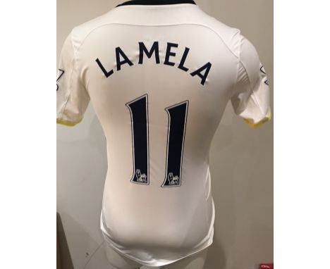 Tottenham 2014 - 2015 Match Worn Football Shirt: White short sleeve shirt with Premier League badging to sleeves Lamela 11 to