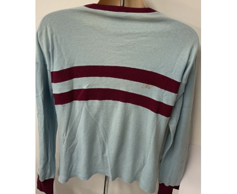 West Ham Original 1960s Football Shirt: Light blue with claret hoops. Tear near neck and marks near the shoulder. Original go