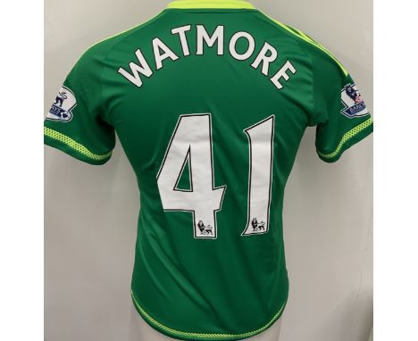 Sunderland 2015 - 2016 Match Worn Football Shirt: Green short sleeve shirt with Premier League badging to sleeves. Watmore 41