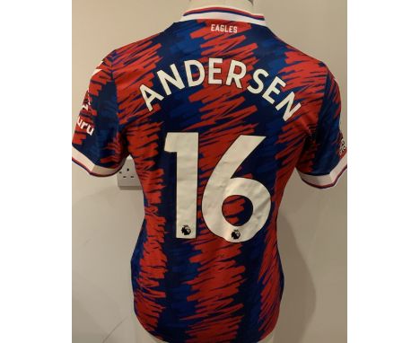 Crystal Palace 2023 - 2024 Match Worn Football Shirt: Blue and red short sleeve shirt with Premier League badges to sleeves. 