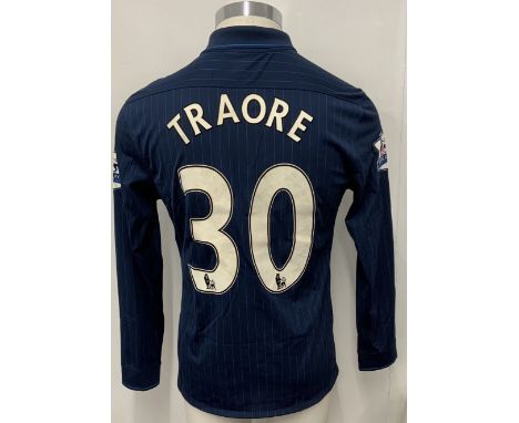 Arsenal 2009 - 2010 Away Match Issued Football Shirt: Blue pin striped long sleeve Nike shirt with Premier League badging to 