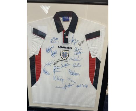 England 1998 Framed Signed Football Shirt: Squad signed to front. Includes Shearer Merson Clemence Southgate James Beckham an