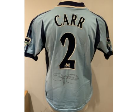 Tottenham 2001 - 2002 Match Worn Football Shirt: Blue away short sleeve shirt with Premier League badging to sleeves Number 2