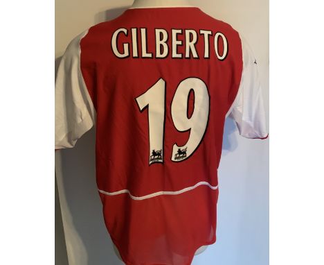 Arsenal 2002 - 2003 Home Match Worn Football Shirt: Red and white short sleeve Nike shirt with Premier League Champions badgi