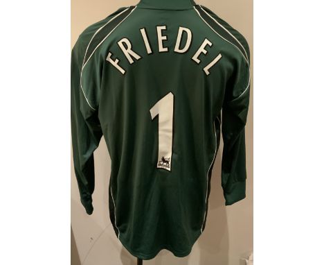Blackburn Rovers 2005 - 2006 Match Worn Football Shirt: Green long sleeve goalkeeper shirt with Premier League badges to slee