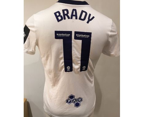 Preston 2022 - 2023 Match Worn Football Shirt: White short sleeve shirt with FA Cup badge to sleeves. Brady 11 to rear. Worn 