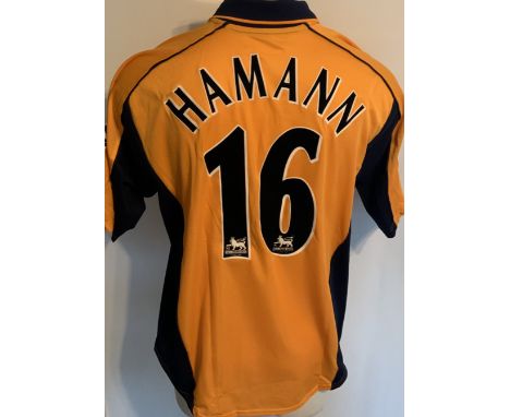 Liverpool 2001 FA Cup Final Match Issued Football Shirt: Gold short sleeve Reebok shirt with FA Cup badging to sleeves and em