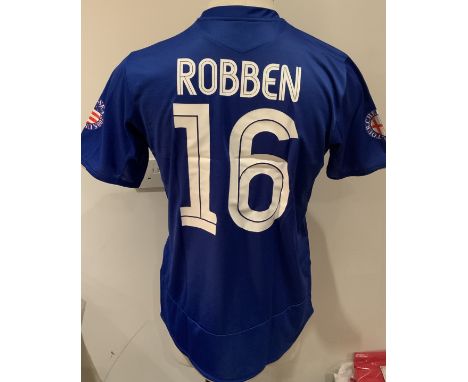 Chelsea 2005 USA Tour Match Worn Football Shirt: Blue short sleeve shirt with USA Tour 2005 badges to sleeves. Robben 16 to r