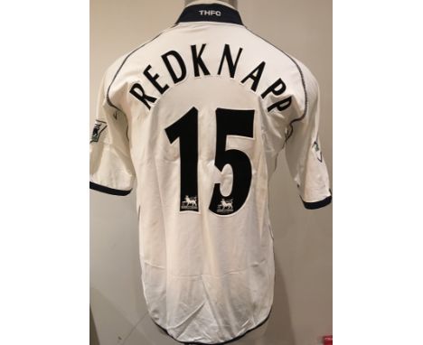 Tottenham 2002 - 2003 Match Worn Football Shirt: White short sleeve shirt with Premier League badging to sleeves Redknapp 15 