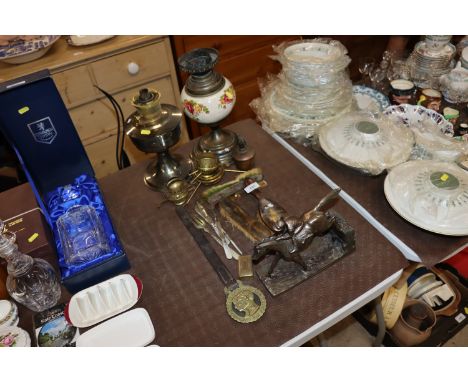 A rose decorated oil lamp, one other oil lamp, dressing table brushes AF, commemorative horse brass, silver plated flatware e