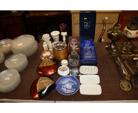 A commemorative boxed Edinburgh crystal decanter and stopper together with a vintage biscuit jar and cover, Aynsley Edwardian