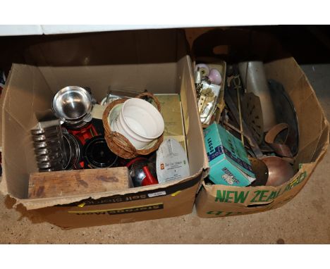 Two boxes containing various kitchenalia and metalware to include chestnut roasters, copper ladle, door furniture, hooks, sod