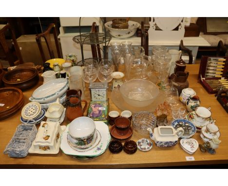A quantity of various sundry glass and china including a mantel clock, butter dish, wire work stand, jug, Royal Albert &ldquo