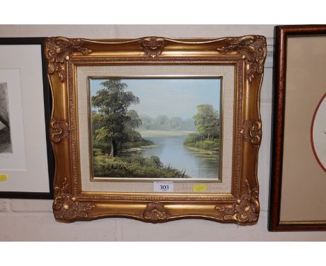 T Chiltern, signed oil on canvas rural river study in gilt frame