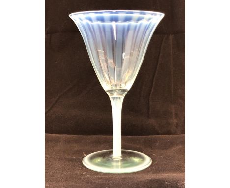 Attributed to Harry Powell for James Powell and Sons, Whitefriars - A rare vertical striped blue opal wine glass on short ste