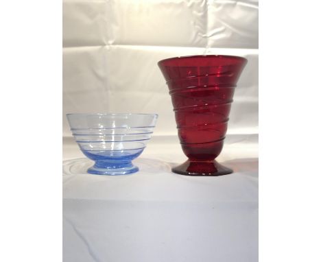 James Hogan for Whitefriars - Trailed pattern, a footed 9296 vase in ruby, 14.2cm high; and a 9313 footed circular bowl in sa