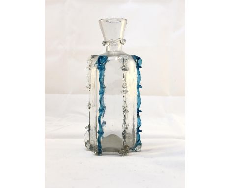 Venetian Glass - an hexagonal glass flask with a conical mouth, the corners applied with blue and colorless rigaree creating 