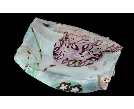 Eric Provent 100% Silk Sheer Scarf, made in Paris, France.  Very fine wrap.  Pale blue with white, brown and turquoise floral