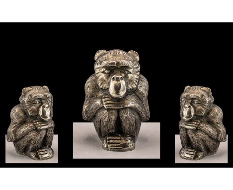 Chinese Silver Monkey. Excellent Quality Silver Monkey, Well Cast and of Lovely Quality, Monkey Is Sitting with Arms Crossed 