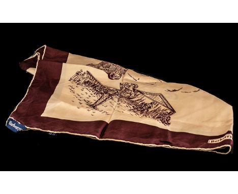 Burberry Silk Scarf, illustrations depict travel, with brown border, cream square with travel illustrations, couple of small 