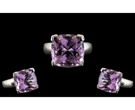 Ladies - Large and Impressive Sterling Silver Single Stone Amethyst Set Dress Ring, The Large Faceted Princes Cut Amethyst of