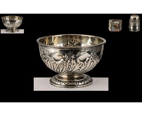 Late Victorian Period Sterling Silver Embossed Footed Bowl of Small Proportions, Half - Fluted Body Raised on a Circular Base