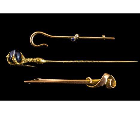 Antique Period - A Good Collection of 9ct and 18ct Gold Stick Pins ( 3 ) In Total. Comprises 1/ 9ct Rose Gold Stick Pin / Bro