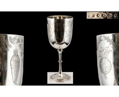 Victorian Period Excellent Quality Sterling Silver Goblet / Chalice of Pleasing Proportions. With Engraved Leaf Decoration to