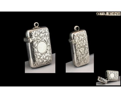 Victorian Period - Pleasing Sterling Silver Hinged Vesta Case of Small Proportions. 1.5 Inches - 3.75 cms, Excellent Conditio