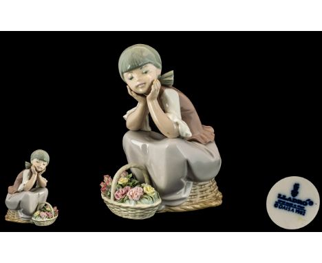 Lladro - Superb Hand Painted Porcelain Figure ' Leaning In Front of a Basket of Flowers ' Model No 5173. Designer Salvador De