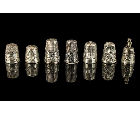 Superb Collection of Antique Period Assorted Sterling Silver Thimbles. All with Hallmarks ( 7 ) In Total. Comprises 1/ Teddy 