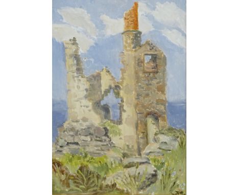 Joan Ridgen. Cornish Engine House, Cornish coast, oil on board - Two, signed and titled verso, 44.5cm x 30cm.Label Verso Read