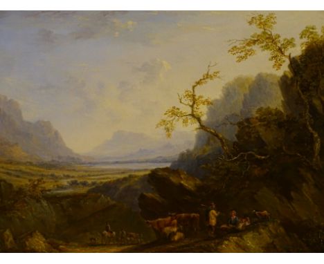Samuel Williamson (1792-1840). Mountainous landscape with figures tending cattle and goats, oil on canvas, 39.5cm x 50cm.