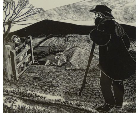 Sarah Liehak?. Curate of Clyro, boy on a gate, artist signed limited edition print, signed, 11cm x 12cm.